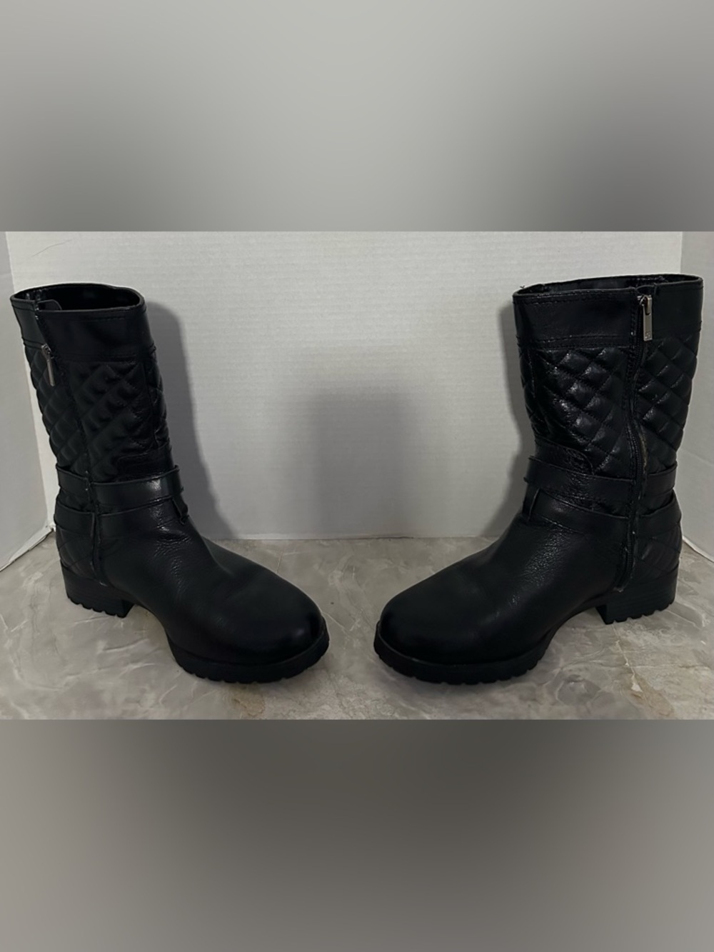 Anne Klein Black Quilted Moto Boots Women’s 8.5 M Leather Buckle Side Zip